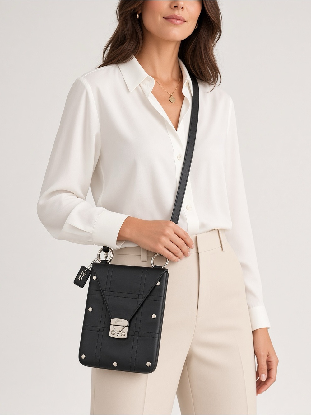 Black Quilted Vertical Crossbody Phone Bag with Silver Lock